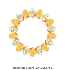 Easter egg round frame design. Easter holiday egg hunt border in colorful flat style with ornaments. Retro wreath. Stock vector illustration card