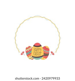 Easter egg round frame design. Easter holiday egg hunt border in colorful flat style with ornaments. Stylish wreath. Stock vector illustration card