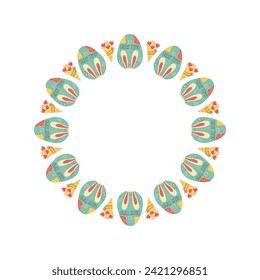 Easter egg round frame design. Easter holiday egg hunt border in colorful flat style with ornaments. Retro wreath. Stock vector illustration card