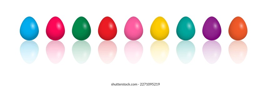 Easter egg in row, bright decor rainbow border, realistic collection with reflection. Holiday vector illustration 