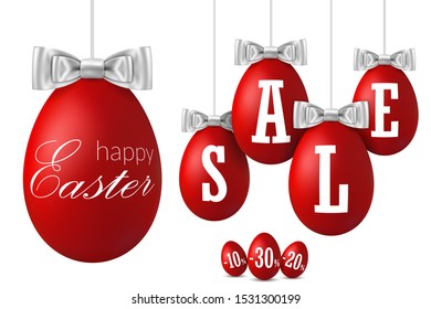 Easter egg sale 3D. Happy Easter hanging red eggs, ribbon bow isolated white background. 10, 20, 30 percent off. Design banner, poster, promotion, special offer. Tag discount Vector illustration