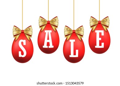 Easter egg sale 3D icons set. Gold ribbon bow, white text, hanging red eggs isolated background. Design banner, promotion decoration, special offer, best price. Label tag discount Vector illustration