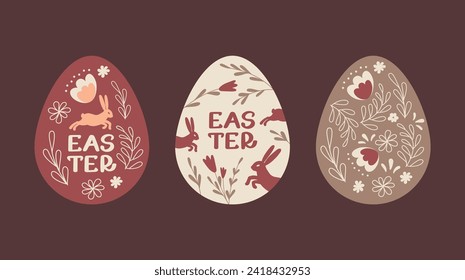 Easter egg sale. Easter collection with bunnies, eggs and flowers in flat design. Egg hunt.