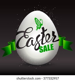Easter egg sale with the holiday signs on a black background. Hand lettering, logo.