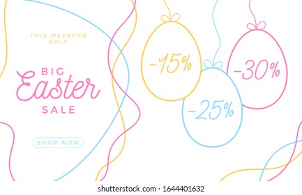 Easter egg sale horizontal banner. Easter card with hand draw eggs, colorful ornate eggs on white modern background. Vector illustration. Place for your text