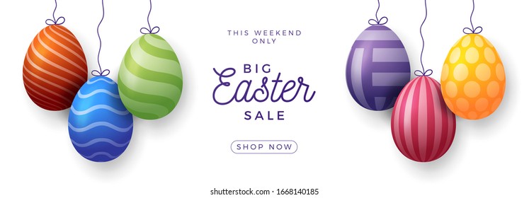 Easter egg sale horizontal banner. Easter card with realistic eggs hang on a thread, colorful ornate eggs on white modern background. Vector illustration. Place for your text