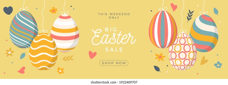 Easter egg sale horizontal banner. Easter card with flat eggs hang on a thread, colorful ornate eggs on white modern background. Vector illustration. Place for your text