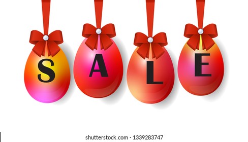 Easter egg sale icons set. Red ribbon bow, hanging eggs, isolated background. Design banner, poster, promotion decoration, special offer, best price. Tag discount Vector illustration