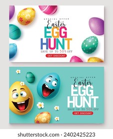 Easter egg sale vector banner set. Easter egg hunt for special offer discount promo text with colorful elements in printed and smiling face decoration design. Vector illustration easter egg hunt