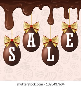 Easter egg sale white text. Happy Easter hanging eggs 3D, dripping melt chocolate, gold ribbon bow, textured background. Design poster, promotion, holiday special offer discount Vector illustration