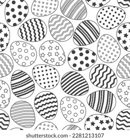 Easter egg seamless pattern outline design, black line background. Vector illustration
