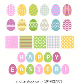 Easter egg and seamless pattern set over white.Happy Easter collection in  flat cartoon style 