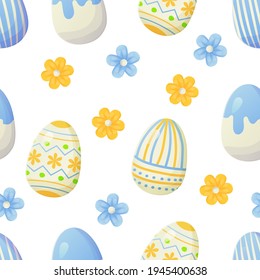 Easter egg seamless pattern. Texture with flowers. Can be used as Easter hunt element for web banners, posters and web pages background, wallpaper, spring greeting cards. Stock vector illustration in 