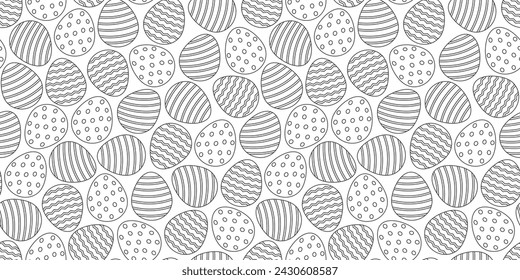 Easter egg seamless pattern, thin line art, doodle religion symbol outline design, spring eggs background, cute decoration element print. Holiday vector illustration
