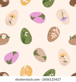 Easter egg seamless pattern. Trendy rustic handcrafted eggs with botanical elements. Minimalistic and elegant vector texture for textile design, wrapping paper, poster, background