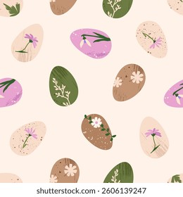 Easter egg seamless pattern. Trendy eco handcrafted eggs with botanical elements. Elegant vector texture for textile design, wrapping paper, poster, background