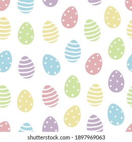 Easter egg seamless pattern vector background with cute colourful painted easter eggs in pastel colors with dots and stripes isolated on white background.