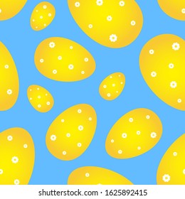 Easter egg seamless pattern. Yellow eggs decorated with daisy camomile flowers on sky blue background. Design for textile, wallpaper, fabric, wrapping, scrap, gift paper. Vector festive ornament