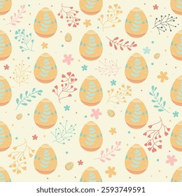 Easter egg seamless pattern, yellow egg with leaves, plant decoration