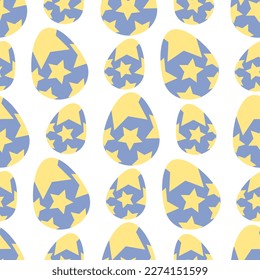 Easter Egg. Seamless vector pattern. Purple chicken egg. Ornament on the egg in the form of yellow stars. Endless isolated background. Flat style. Idea for web design.