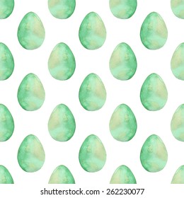 Easter egg. Seamless watercolor pattern with painted eggs on the white background, aquarelle. Vector illustration. Hand-drawn original background. Easter decorative element. Real watercolor painting.