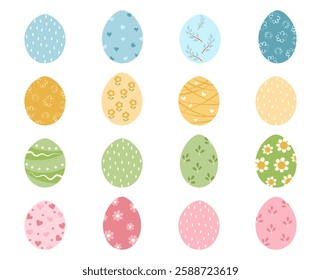 Easter Egg Set. Collection of beautifully colored and decorated eggs. Vector illustration on white background.