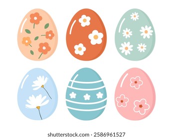 Easter egg set with cute flower isolated on white background vector.