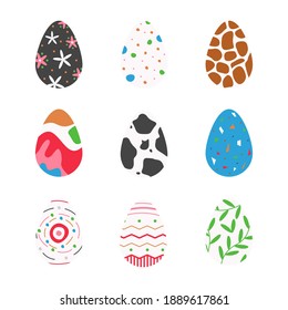 Easter egg set with different designs isolated on white. Animal print, abstractly decorated eggs. Pastel painted food icons for spring holiday. Graphic element collection. Vector flat illustration