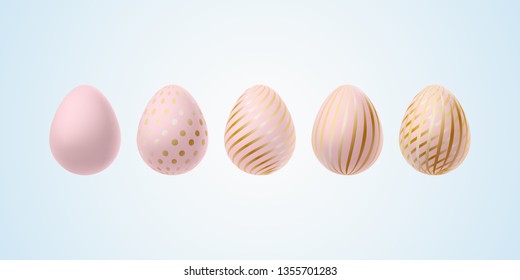 Easter egg Set of elegant modern luxury pink gold Easter eggs with a spiral lines pattern specks dots on a light background Egg design element for elegant Easter cards luxury graphic Vector