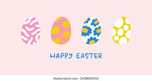 Easter egg set greeting card with lettering. Cute hand drawn eggs with funny flat minimal patterns: lines, flowers, stars and dots. Happy Easter typography for sweet trendy holiday poster.