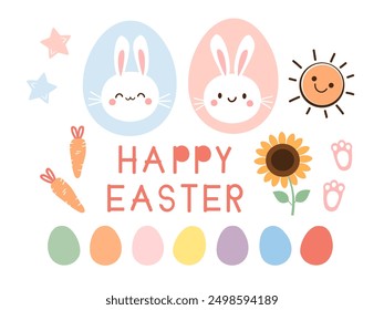 Easter egg set, hand drawn fonts, sunflower, carrot, sun cartoon, paw prints and rabbit cartoons isolated on white background vector.