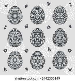 Easter egg set. Monochrome egg icons with ornamental floral design. Vector illustration. 