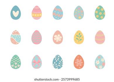 Easter egg set on white background. Colorful pastel painted eggs.