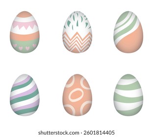 Easter egg set with pastel decorative patterns, isolated on white background