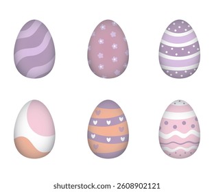 Easter egg set with pastel decorative patterns, isolated on white background