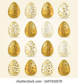 Easter egg. Set of realistic Golden and light eggs with golden ornament. Easter collection. Vector illustration.