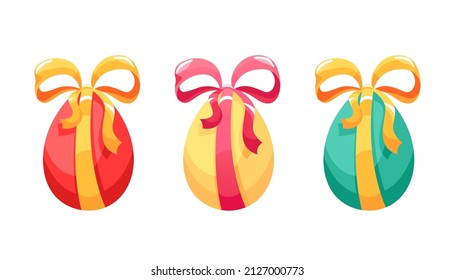 Easter egg set with ribbons and bows. Vector cartoon illustration 