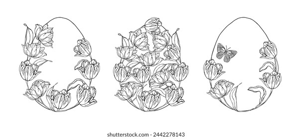 Easter egg set with tulips flower background, hand drawn floral elements for spring holiday. Black and white line art compositions for coloring page. Vector illustrations for card or invitations.