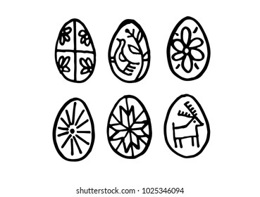 Easter Egg set. Vector isolated handwritten illustration. Brush pen modern trendy style. Graphic black lines on white background. Hand drawn painting. Bright holiday postcards collection.