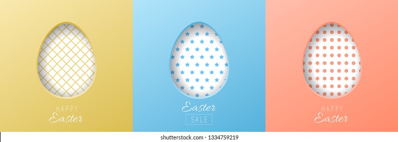 Easter egg. Set of white Easter eggs cut out of paper with a pattern inside. Postcard with an Happy Easter lettering. Paschal sale banner.