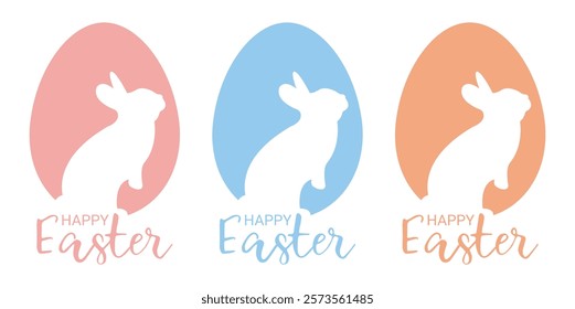 Easter egg shape with bunny silhouette - traditional symbol of holiday. Simple eggs hunt design. Cute bunnies characters in pink, blue, and orange color. Vector illustration for poster, card or banner