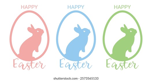 Easter egg shape with bunny silhouette - traditional symbol of holiday. Simple eggs hunt design. Cute bunnies characters in pink, blue, and green color. Vector illustration for poster, card or banner