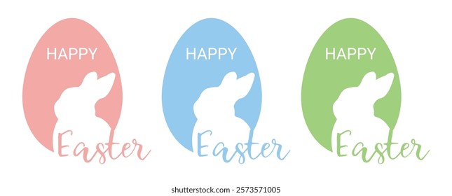 Easter egg shape with bunny silhouette - traditional symbol of holiday. Simple eggs hunt design. Cute bunnies characters in pink, blue, and green color. Vector illustration for poster, card or banner