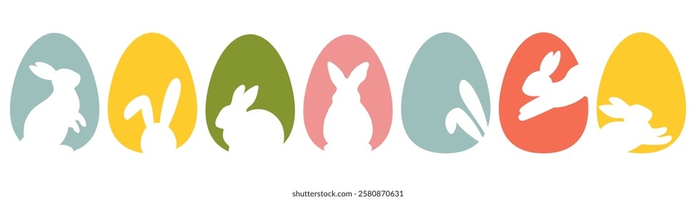 Easter egg shape with bunny silhouette - traditional symbol of holiday. Easter rabbit inside egg. Set with colourful eggs and bunny silhouettes