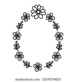 Easter egg shape frame with flowers, silhouette template. Floral Easter holiday element for invitations, greeting cards, banners, posters. Vector design