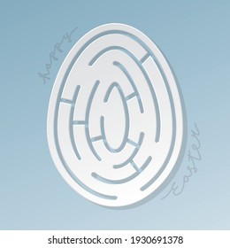 Easter Egg Shape Maze or Labyrinth Cut Paper Style Logo as Egg Hunt Symbol Spring Holidays Template - White on Blue Background - Vector Hand Drawn Design