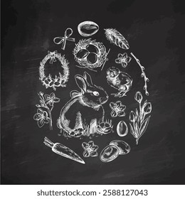 Easter egg shape with rabbit, chick, bow, willow, feathers, and eggs on chalkboard background