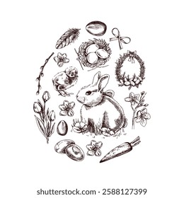 Easter egg shape with rabbit, chick, bow, willow, feathers, nest, eggs, flowers, and carrot in hand-drawn sketch