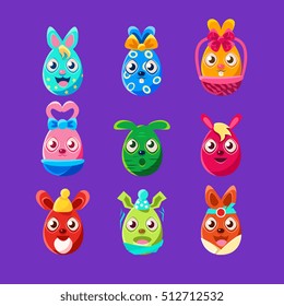 Easter Egg Shaped Easter Bunnies Colorful Girly Sticker Set Of Religious Holiday Symbols
