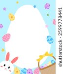 Easter egg shaped frame with easter bunny and easter eggs vector for holiday decoration with blue background